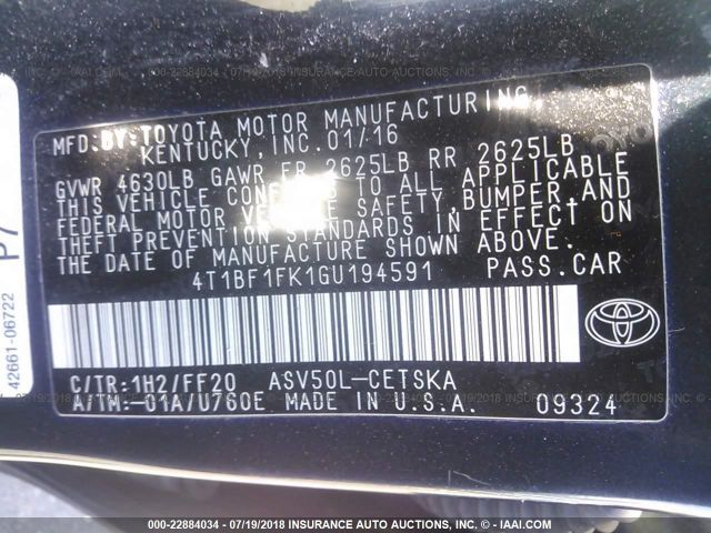 4T1BF1FK1GU194591 - 2016 TOYOTA CAMRY LE/XLE/SE/XSE 黑色 照片 9