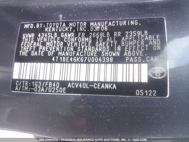 4T1BE46K67U004398 - 2007 TOYOTA CAMRY NEW GENERAT CE/LE/XLE/SE GRAY photo 9