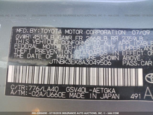 JTNBK3EK8A3049506 - 2010 TOYOTA CAMRY SE/LE/XLE GREEN photo 9