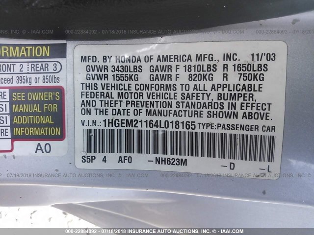 1HGEM21164L018165 - 2004 HONDA CIVIC DX VP SILVER photo 9