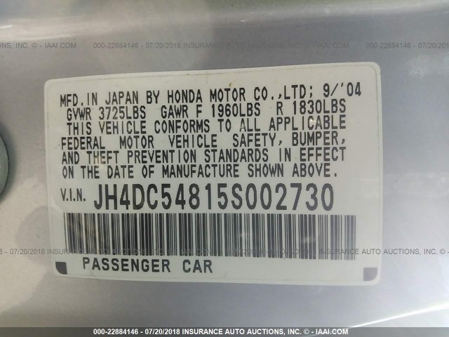 JH4DC54815S002730 - 2005 ACURA RSX SILVER photo 9