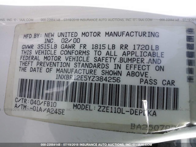 1NXBR12E5YZ384256 - 2000 TOYOTA COROLLA VE/CE/LE WHITE photo 9