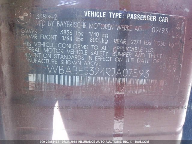 WBABE5324RJA07593 - 1994 BMW 318 IS RED photo 9