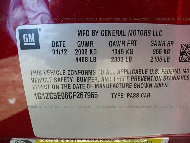 1G1ZC5E06CF267965 - 2012 CHEVROLET MALIBU 1LT 红色 照片 9