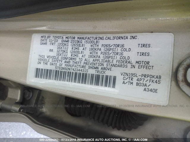 5TEGN92N74Z344315 - 2004 TOYOTA TACOMA DOUBLE CAB PRERUNNER GOLD photo 9