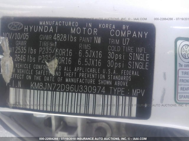 KM8JN72D96U330974 - 2006 HYUNDAI TUCSON GLS/LIMITED WHITE photo 9