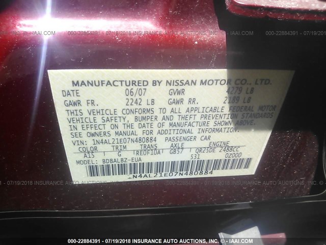 1N4AL21E07N480884 - 2007 NISSAN ALTIMA 2.5/2.5S RED photo 9