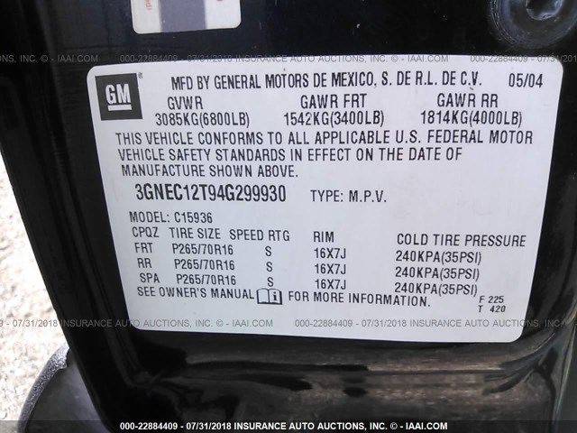 3GNEC12T94G299930 - 2004 CHEVROLET AVALANCHE C1500 BLUE photo 9