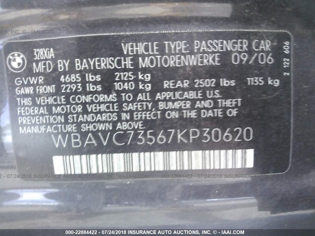 WBAVC73567KP30620 - 2007 BMW 328 XI SULEV BLUE photo 9