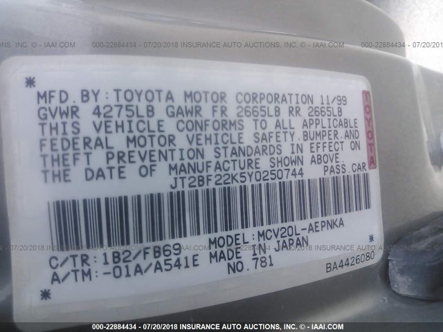 JT2BF22K5Y0250744 - 2000 TOYOTA CAMRY CE/LE/XLE GRAY photo 9