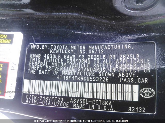 4T1BF1FK9CU593226 - 2012 TOYOTA CAMRY SE/LE/XLE BLACK photo 9