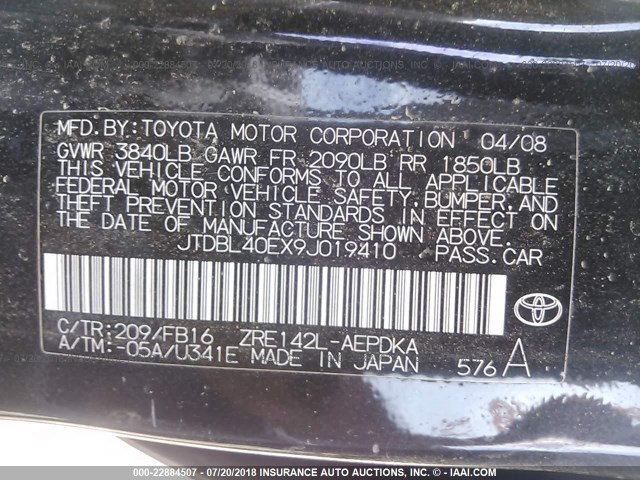 JTDBL40EX9J019410 - 2009 TOYOTA COROLLA LE/XLE BLACK photo 9