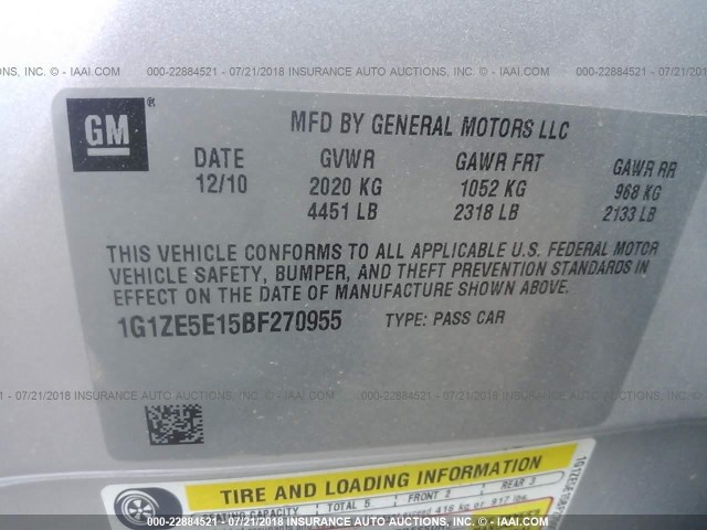 1G1ZE5E15BF270955 - 2011 CHEVROLET MALIBU LTZ 银色 照片 9