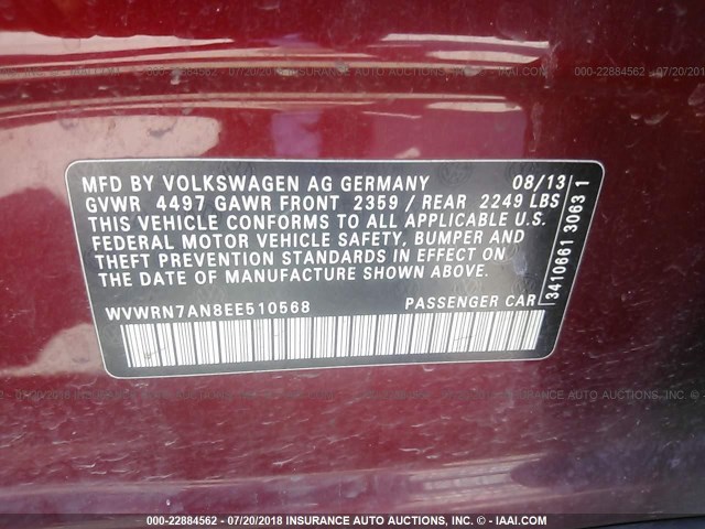 WVWRN7AN8EE510568 - 2014 VOLKSWAGEN CC LUXURY RED photo 9