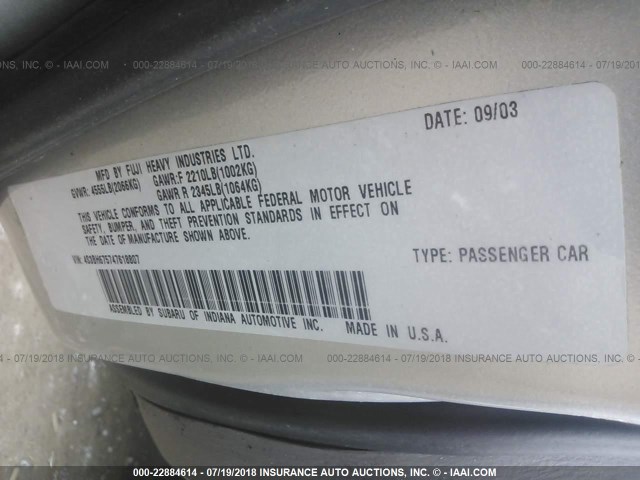 4S3BH675747618807 - 2004 SUBARU LEGACY OUTBACK AWP 银色 照片 9