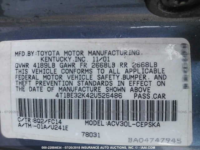4T1BE32K42U526486 - 2002 TOYOTA CAMRY LE/XLE/SE Mavi foto 9