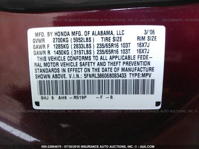 5FNRL38606B083433 - 2006 HONDA ODYSSEY EXL MAROON photo 9