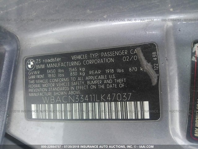 WBACN33411LK47037 - 2001 BMW Z3 2.5 GRAY photo 9