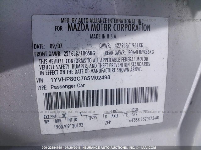 1YVHP80C785M02498 - 2008 MAZDA 6 I SILVER photo 9