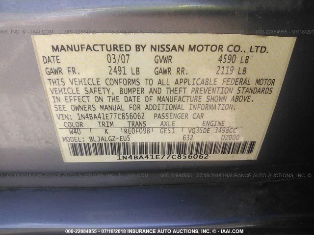 1N4BA41E77C856062 - 2007 NISSAN MAXIMA SE/SL GRAY photo 9