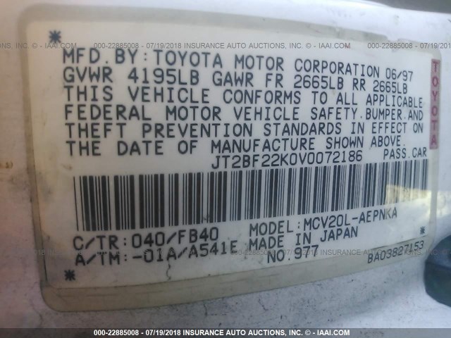 JT2BF22K0V0072186 - 1997 TOYOTA CAMRY LE/XLE 白色 照片 9