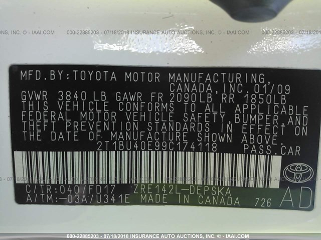 2T1BU40E99C174118 - 2009 TOYOTA COROLLA S/LE/XLE WHITE photo 9