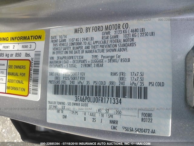 3FA6P0LU0FR171334 - 2015 FORD FUSION SE HYBRID SILVER photo 9