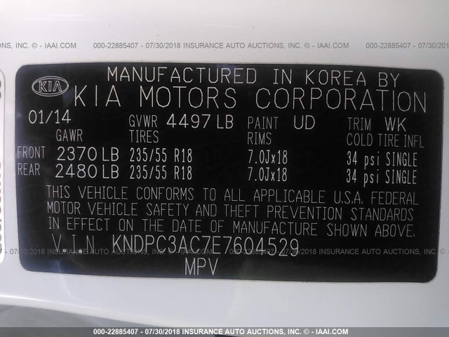 KNDPC3AC7E7604529 - 2014 KIA SPORTAGE EX WHITE photo 9