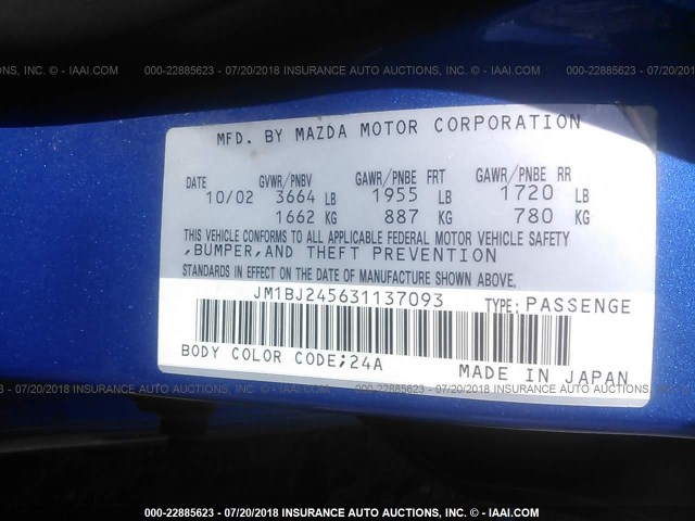 JM1BJ245631137093 - 2003 MAZDA PROTEGE PR5 蓝色 照片 9