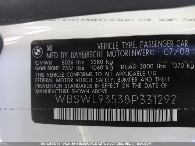 WBSWL93538P331292 - 2008 BMW M3 WHITE photo 9