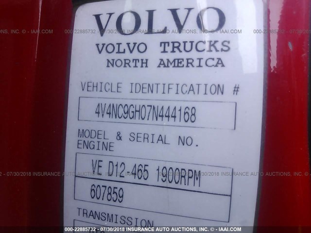 4V4NC9GH07N444168 - 2007 VOLVO VNL RED photo 10