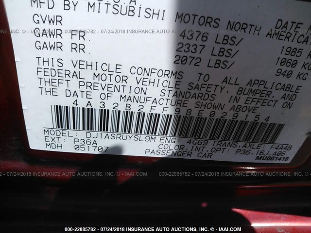 4A32B2FF9BE029154 - 2011 MITSUBISHI GALANT FE RED photo 9