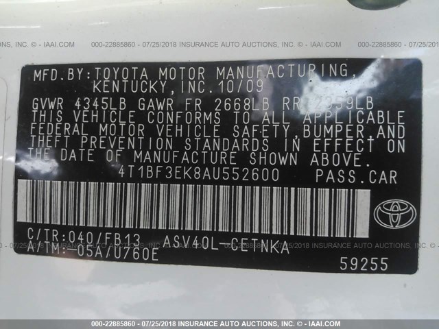 4T1BF3EK8AU552600 - 2010 TOYOTA CAMRY SE/LE/XLE თეთრი ფოტო 9