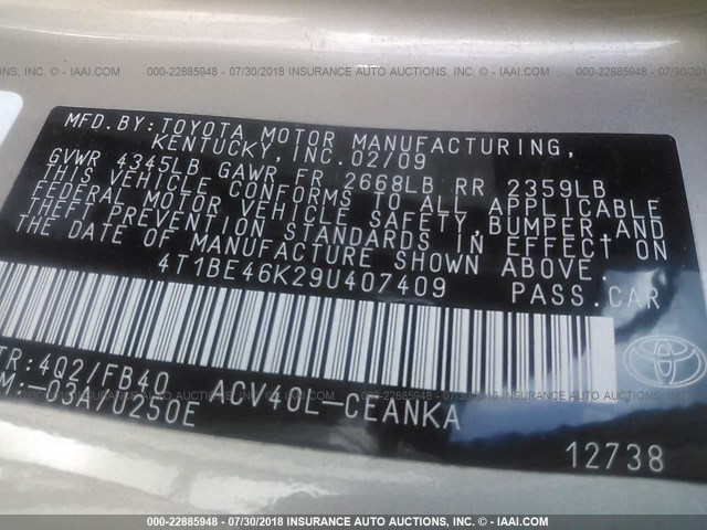 4T1BE46K29U407409 - 2009 TOYOTA CAMRY SE/LE/XLE 金色 照片 9