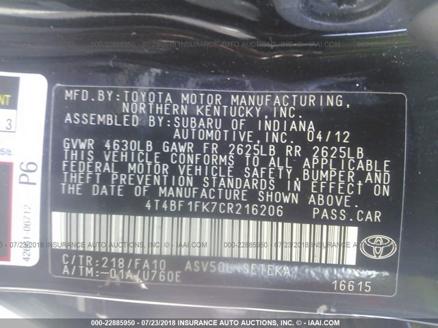 4T4BF1FK7CR216206 - 2012 TOYOTA CAMRY SE/LE/XLE BLACK photo 9