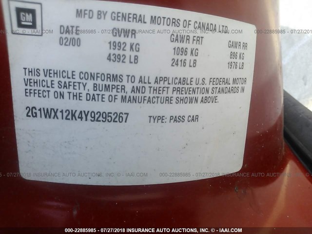 2G1WX12K4Y9295267 - 2000 CHEVROLET MONTE CARLO SS წითელი ფოტო 9