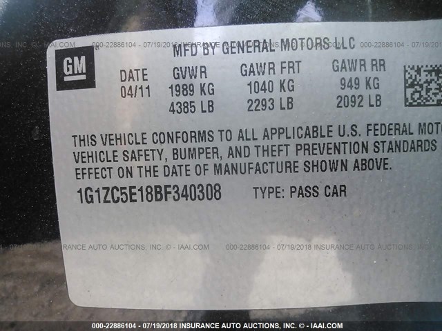 1G1ZC5E18BF340308 - 2011 CHEVROLET MALIBU 1LT 黑色 照片 9