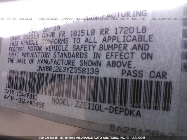 1NXBR12E3YZ358139 - 2000 TOYOTA COROLLA VE/CE/LE SILVER photo 9