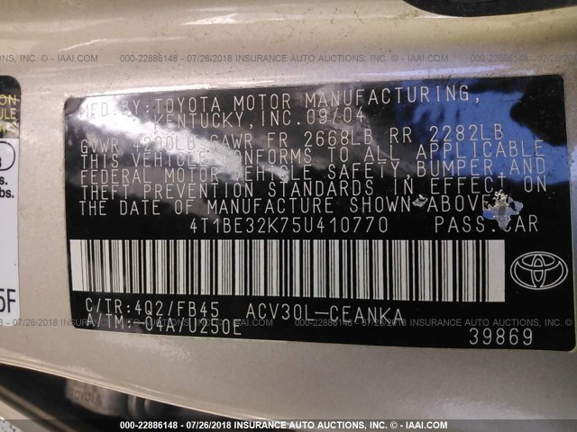 4T1BE32K75U410770 - 2005 TOYOTA CAMRY LE/XLE/SE 灰色 照片 9