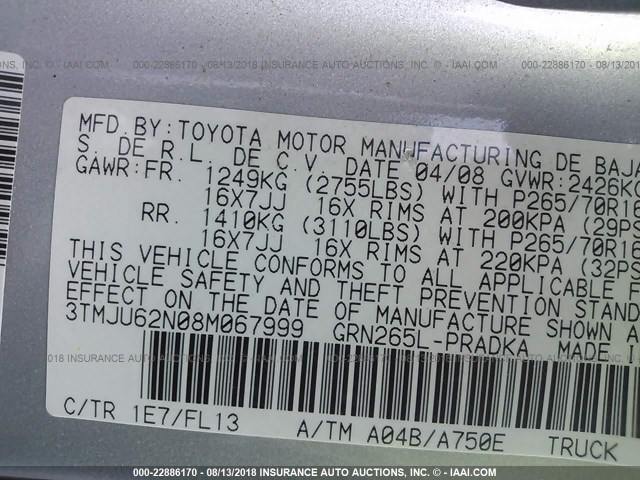 3TMJU62N08M067999 - 2008 TOYOTA TACOMA DOUBLE CAB PRERUNNER SILVER photo 9