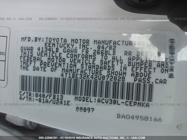 4T1BE32K42U072028 - 2002 TOYOTA CAMRY LE/XLE/SE Ağ foto 9