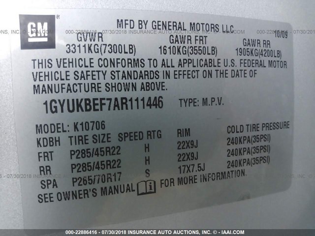 1GYUKBEF7AR111446 - 2010 CADILLAC ESCALADE LUXURY SILVER photo 9