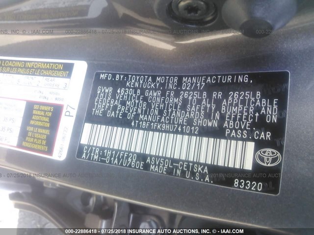 4T1BF1FK9HU741012 - 2017 TOYOTA CAMRY LE/XLE/SE/XSE GRAY photo 9