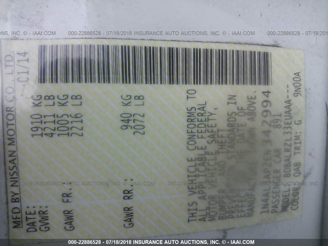 1N4AL3AP2EN342994 - 2014 NISSAN ALTIMA 2.5/S/SV/SL WHITE photo 9