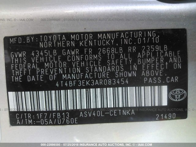 4T4BF3EK3AR083454 - 2010 TOYOTA CAMRY SE/LE/XLE ვერცხლისფერი ფოტო 9