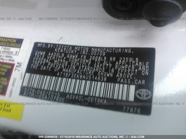 4T1BF3EK8AU514638 - 2010 TOYOTA CAMRY SE/LE/XLE თეთრი ფოტო 9