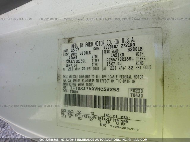 1FTDX1764VNC52258 - 1997 FORD F150 WHITE photo 9