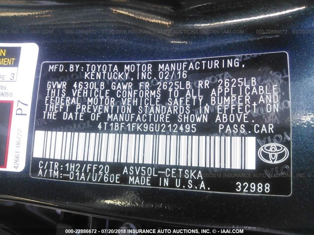 4T1BF1FK9GU212495 - 2016 TOYOTA CAMRY LE/XLE/SE/XSE 深蓝色 照片 9