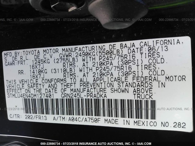 3TMLU4EN4DM127401 - 2013 TOYOTA TACOMA DOUBLE CAB შავი ფოტო 9