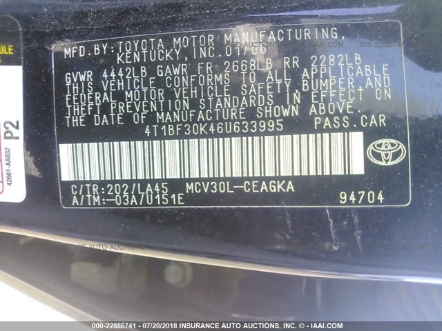 4T1BF30K46U633995 - 2006 TOYOTA CAMRY LE/XLE/SE Qara foto 9
